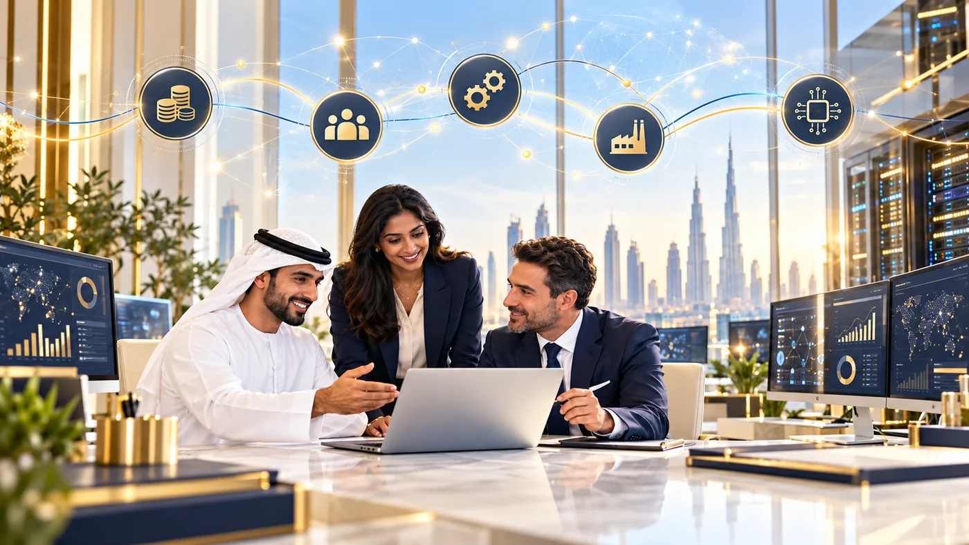 Illustration of a Dubai business team connecting finance, people, operations and technology
