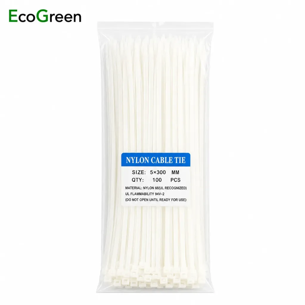 EcoGreen,  Nylon Cable Tie self lock, 30cm Length  100pc white/Black (EGANCT)