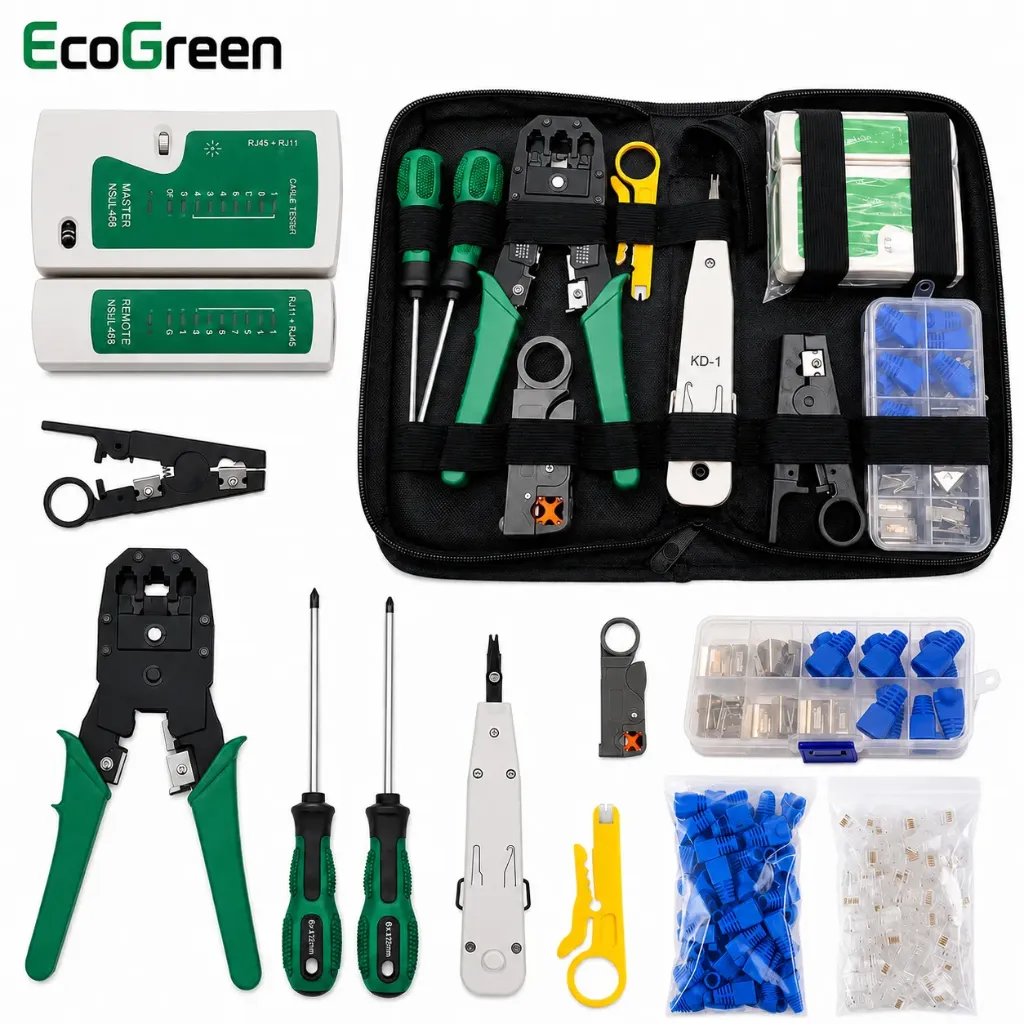 Ecogreen, Networking Tool kit, Crimping Tool for RJ11/RJ12/RJ45/CAT5/CAT6/Cat5e, Professional Computer Maintenance, Lan Cable Tester, Network Repair Tool, Portable Cable Crimper, Teaser Wire Stripper, 50pcs Crystal Head Packing, Bag (EGANTK_5)