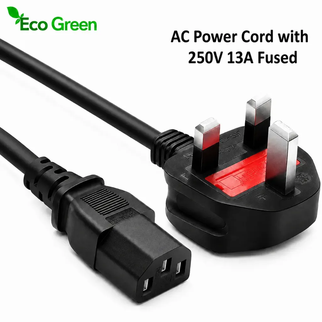 Ecogreen, 3 Pin Power Cable UK Plug, C13 3 Pin Connector Fused, Wire 1.8m 250V, Black (EGA3PC13)