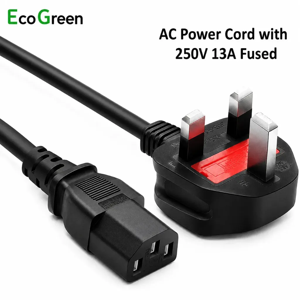 Ecogreen, 3 Pin Power Cable UK Plug, C13 3 Pin Connector, Power Cord for Desktop Computer, Monitor, TV, Printer & Kettle, Fused High Conductivity Copper Wire, 1.8m 250V, Black (EGA3PC13)