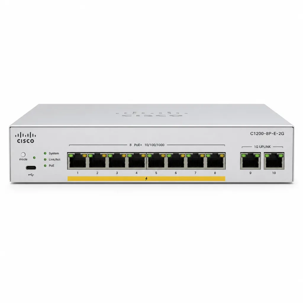 Cisco Network Switch, C1200-8P-E-2G, 8 Ports with 2x 1g uplinks.