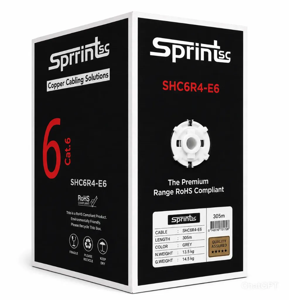 [Sprint Premium] SprintSc, Cat.6 Solid Copper (23 AWG) Premium-4 Pair UTP, 1Gigabit-PVC Jacket, Color Grey  RAL7032 Box/305m, UL, ETL Certified (SHC6R4-E6)